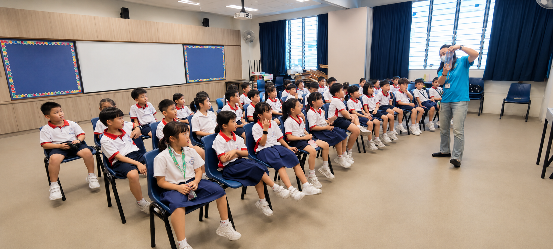 Parent Support Group volunteer conducting a book-sharing session with students, supporting the school's reading programme through storytelling and meaningful home-school partnership.